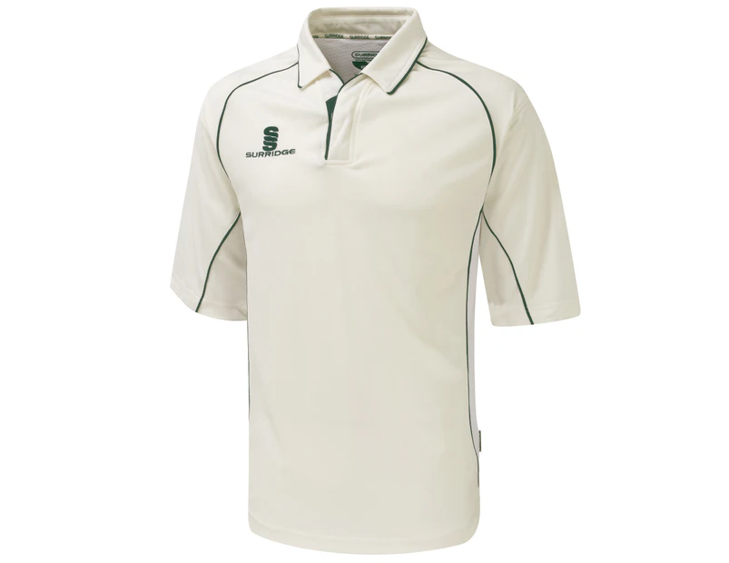 Surridge Boys Kids Sports Premier Shirt 3/4 Polo Shirt (White/Green trim) - RW1503