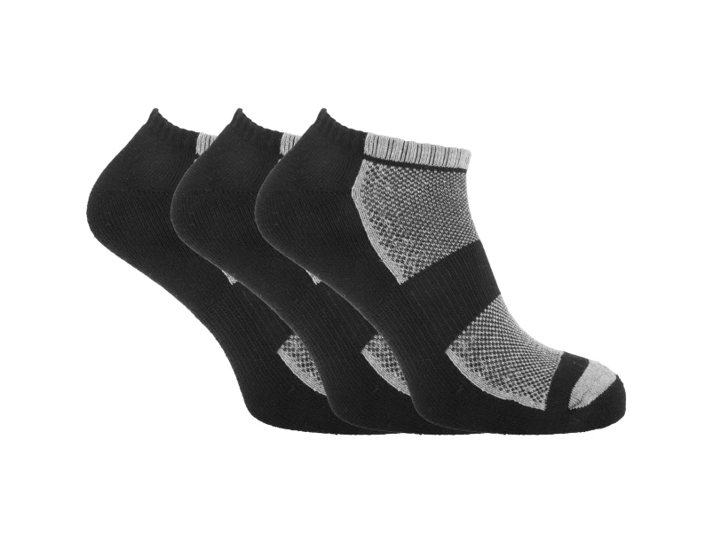 Mens Cotton Rich Sports Trainer Socks With Mesh And Ribbing (Pack Of 3) (Black/Grey Marl) - MB303