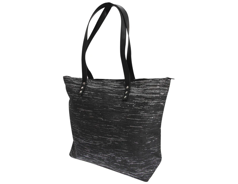 Floso Womens Metallic Straw Woven Summer Handbag (Black/Silver) - BAG215
