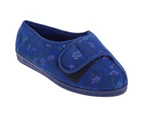 Comfylux Womens Davina Floral Superwide Slippers (Navy Blue) - DF517