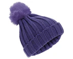 Childrens Girls Rockjock Cable Knit Faux Fur Pom Pom Winter Beanie Hat (Navy) - HA526