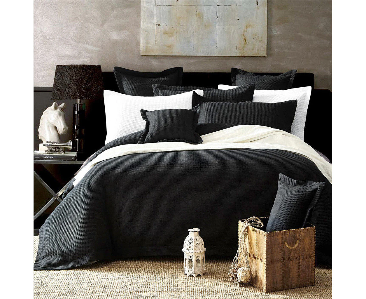 100% Cotton Black Waffle Quilt Doona Duvet Cover Set