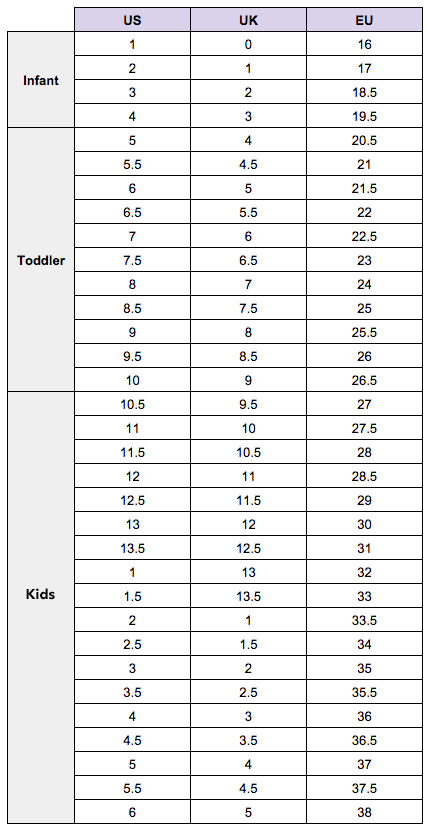 skechers baby size chart
