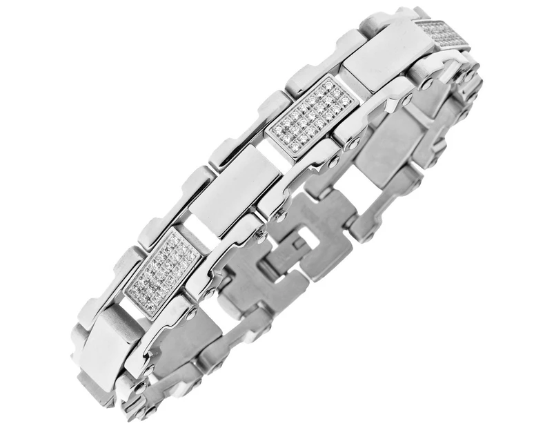 Iced Out Stainless Steel Solid CZ Bracelet - 16mm silver - Silver