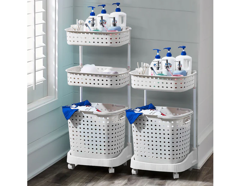 2/3 Tier Bathroom Laundry Clothes Baskets Bin Hamper Mobile Rack Removable Shelf