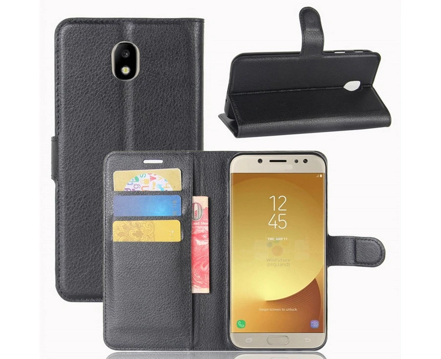 Black Leather Wallet Flip Case Cover For Samsung Galaxy J5 Pro