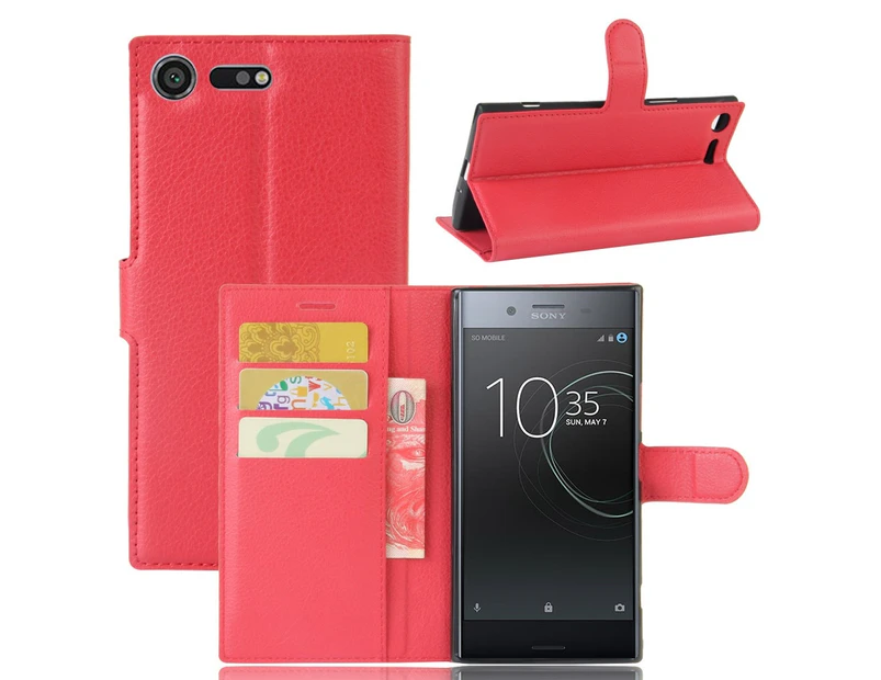 Red Premium Leather Wallet Case TPU Cover Sony Xperia XZ Premium