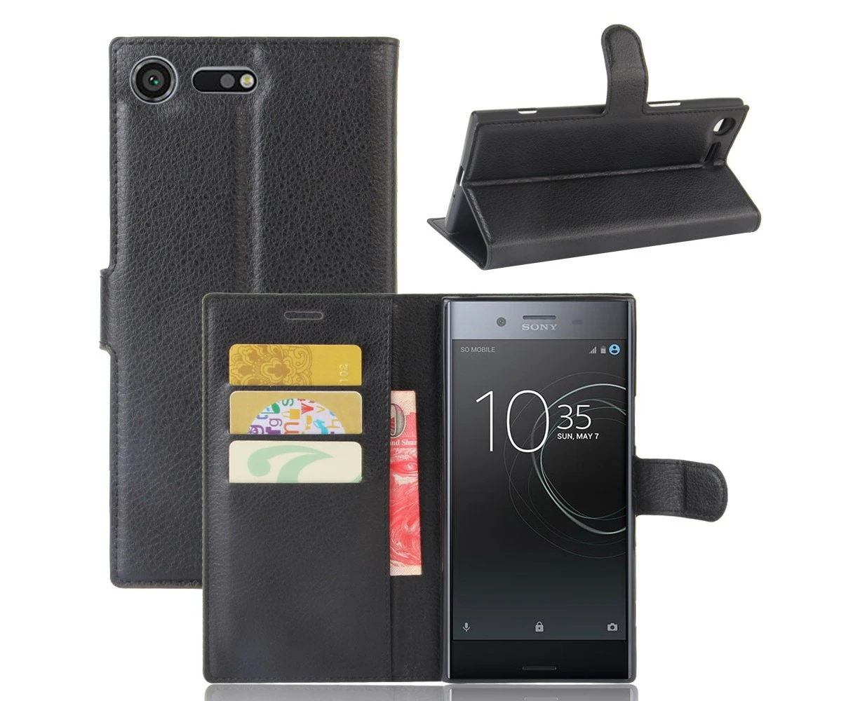 Black Premium Leather Wallet Case TPU Cover Sony Xperia XZ Premium