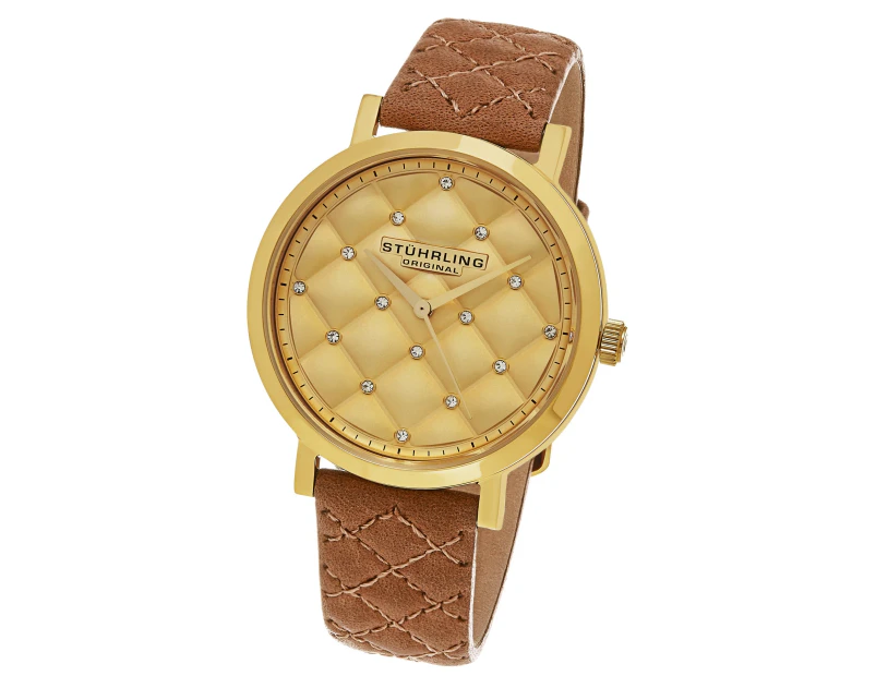 Stuhrling Original Women's 462.02 Audrey Quartz Quilted Swarovski Crystal Gold-Tone Dial Watch with Quilted Leather Band