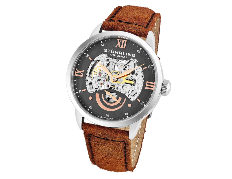 Men's automatic watch, silver case, black skeleton dial, orange genuine leather strap