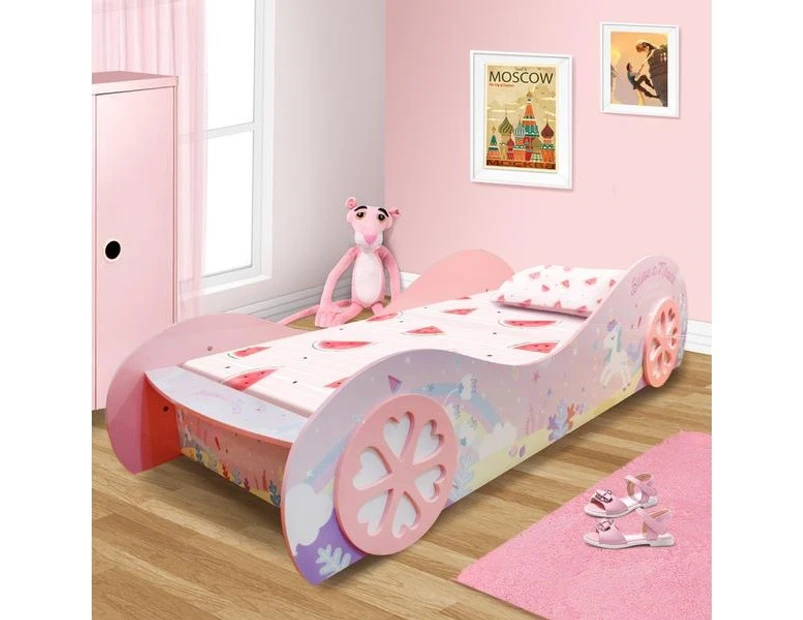 Unicorn Kids Children Girls Car Bed With Wheel In Pink High Gloss Finish