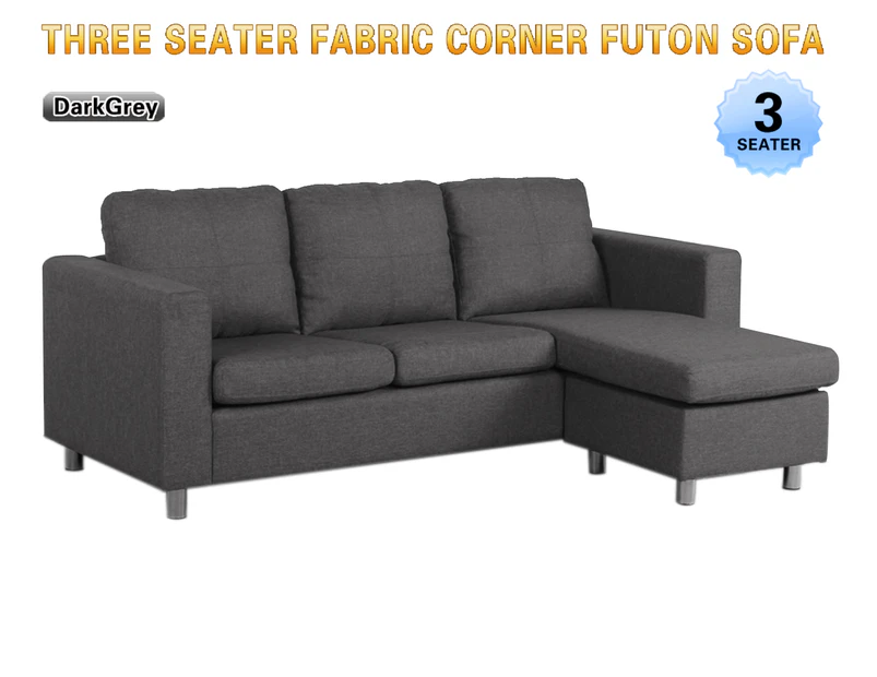 Three Seater Linen Fabric Corner Futon Sofa Chaise Couch Lounge Suit Set Dark Grey