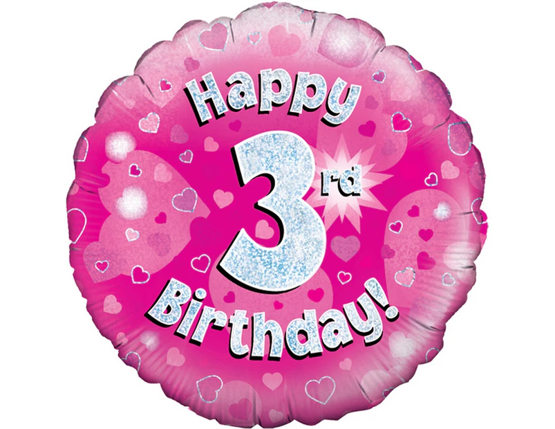 Oaktree 18 Inch Happy 3rd Birthday Pink Holographic Balloon (Pink/Silver) - SG4174