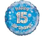 Oaktree 18 Inch Happy 15th Birthday Blue Holographic Balloon (Blue/Silver) - SG4213