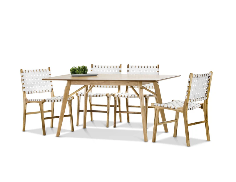 Modern Scandinavian Light Timber Oak Rectangular 1.6m Dining Set with 6x White Woven Leather Teak Chairs
