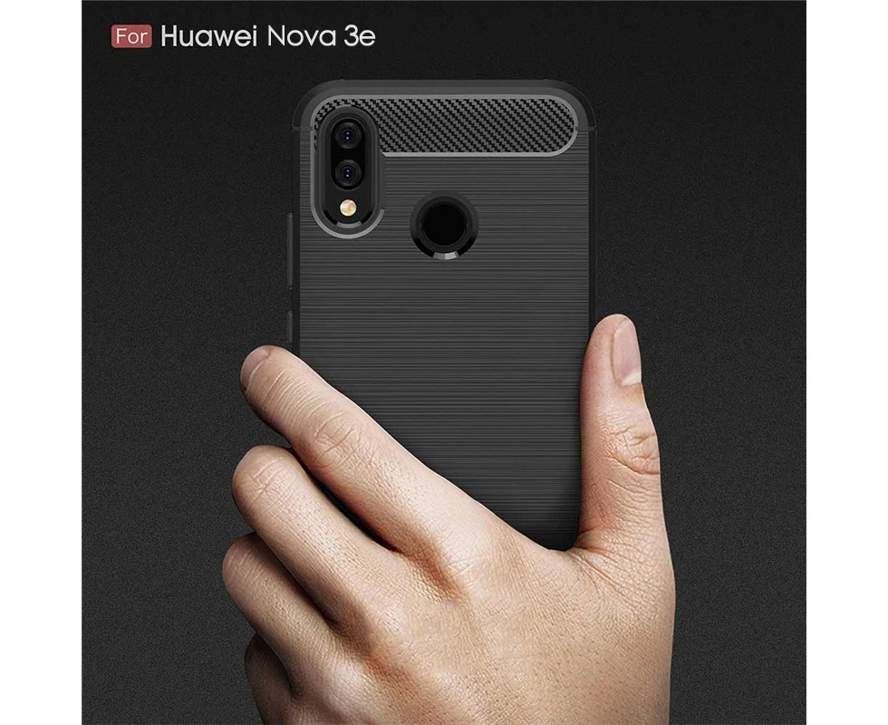 For Huawei Nova 3E Black Shockproof Protective Carbon TPU Back Cover Anti Knock Case