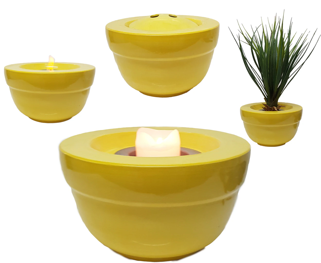 2-In-1 Round Ceramic Garden Planter Pot / Candle Holder with Lid - Canary Yellow