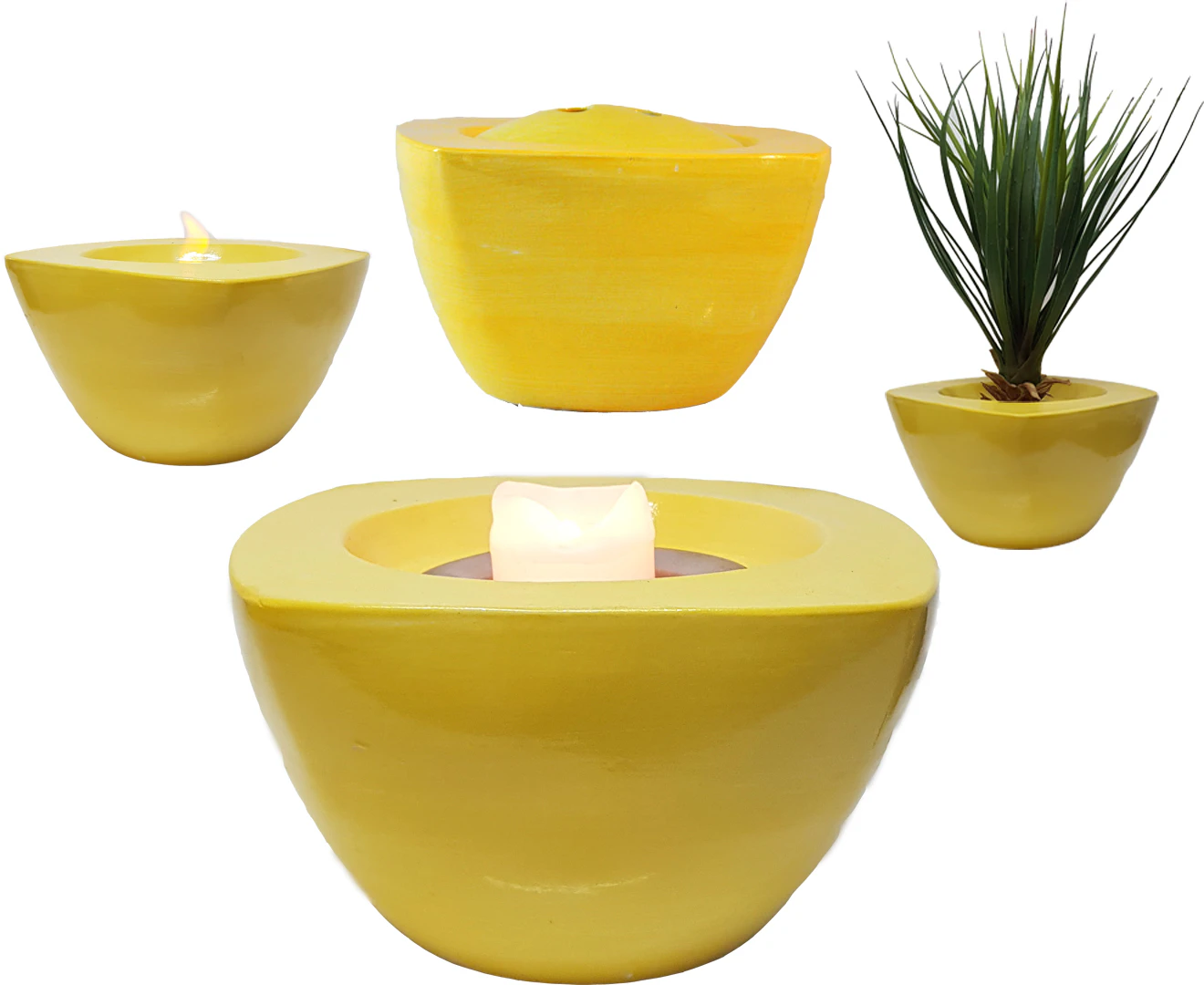 2-In-1 Square Ceramic Garden Planter Pot / Candle Holder with Lid - Canary Yellow