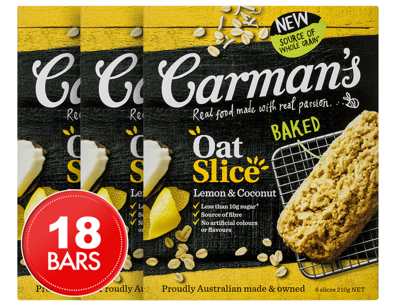 3 x Carman's Oat Slice Lemon & Coconut 210g 6pk