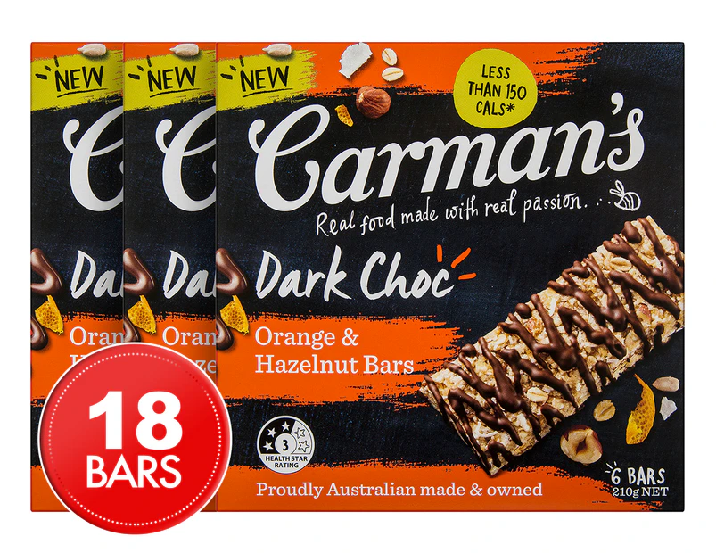 3 x Carman's Dark Choc, Orange & Hazelnut Bars 210g 6pk