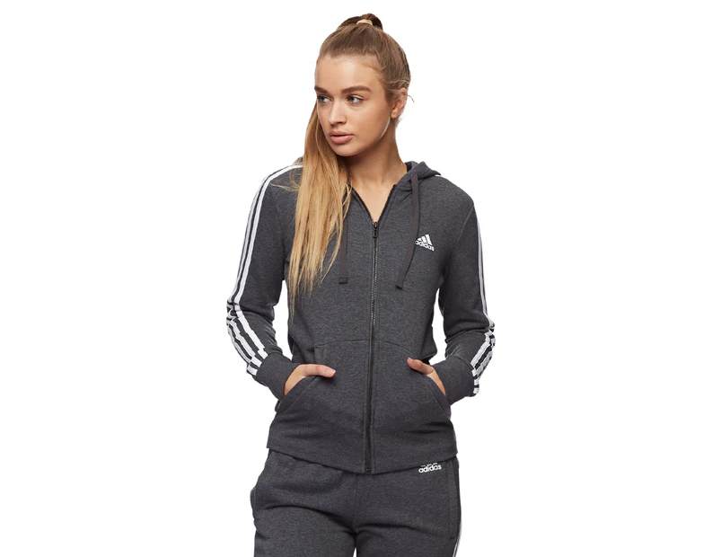 Adidas Women's Essentials 3-Stripes Full Zip Hoodie - Dark Grey/White
