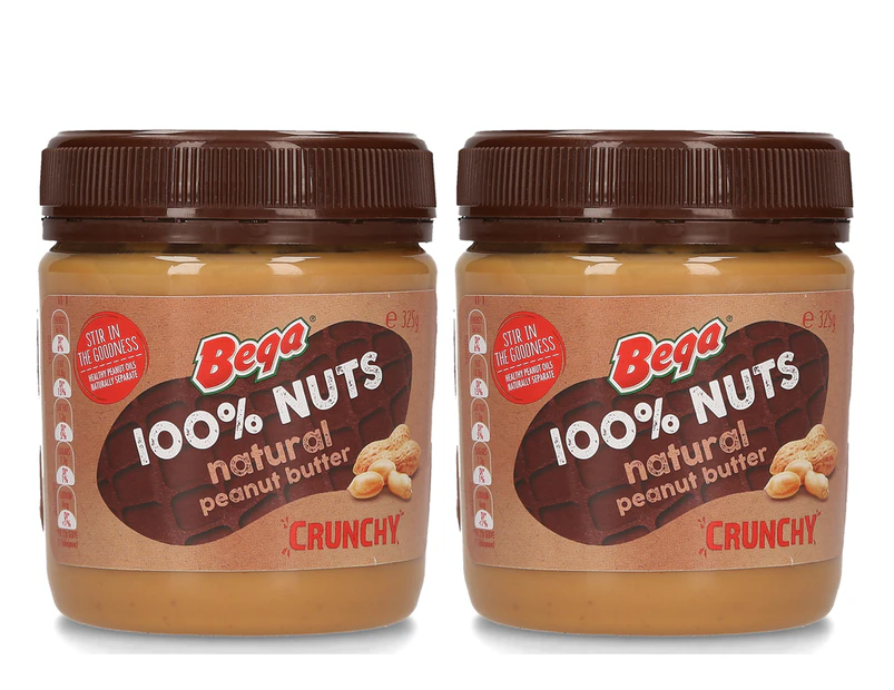 2 x Bega 100% Nuts Crunchy Natural Peanut Butter 325g