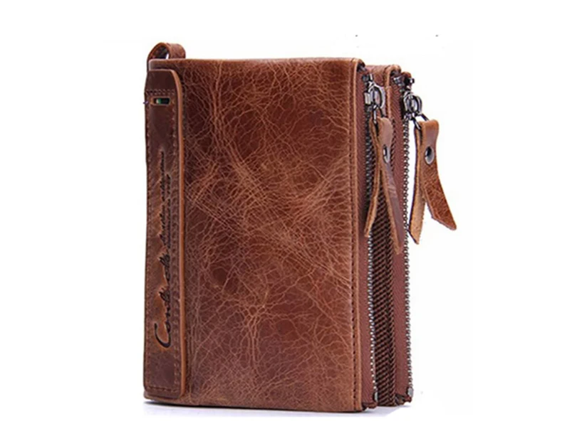 WJS Mens Faux Leather Wallet Double Zipper Pocket Wallet Purse - Brown