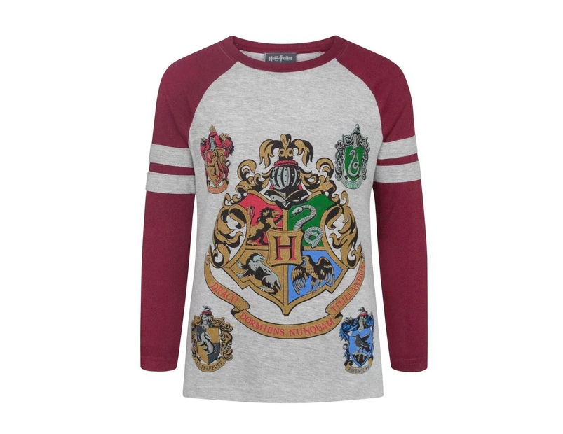 Harry Potter Official Girls Hogwarts Raglan T-Shirt (Grey) - NS4955