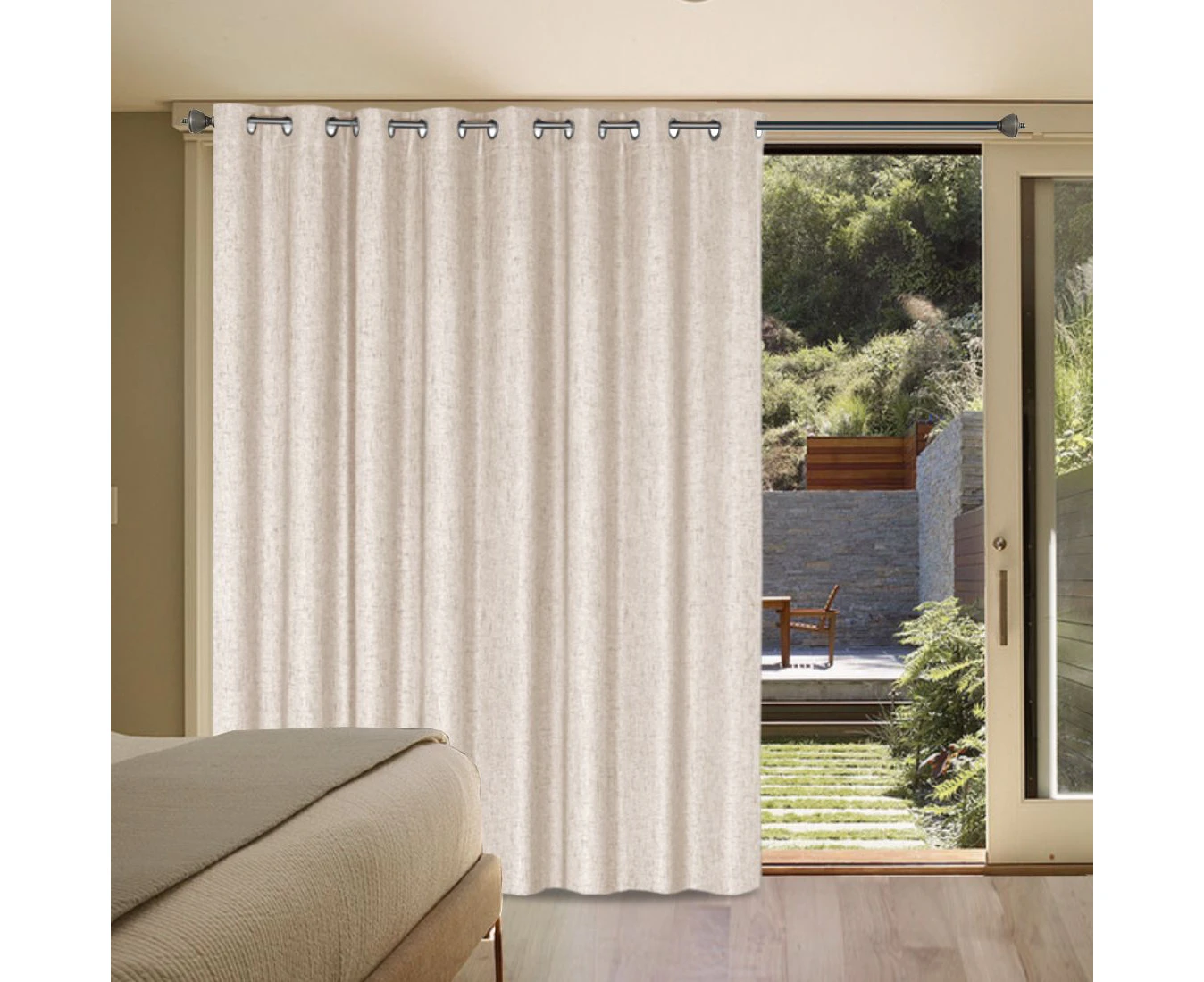 100% Blackout Curtains Linen Look Double Wide Bedroom Curtains Thick Blockout Curtains Eyelet for Living Room/Patio Door, Natural