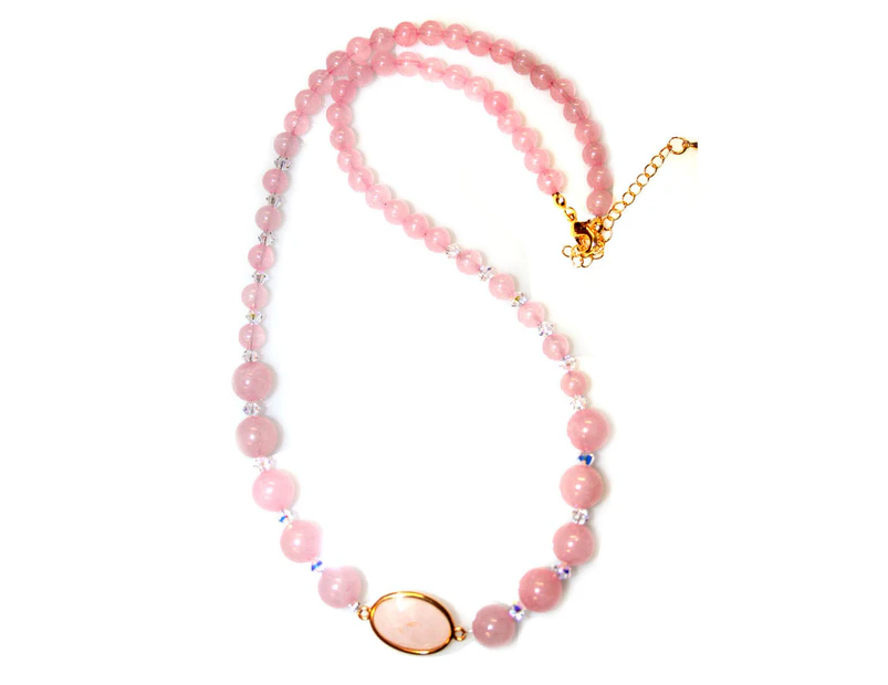 Exquisite Natural Rose Quartz & Swarovski Crystal Beads Necklace