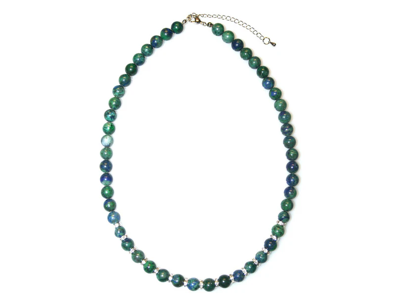 Gorgeous Natural Round Lapis Lazuli & Rhinestone Silver Beaded Necklace