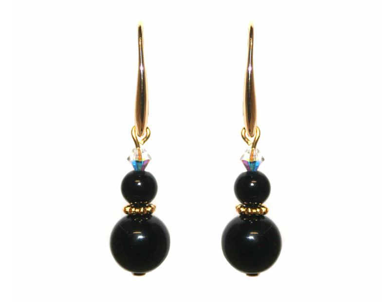 Exquisite Natural Round Black Agate & Swarovski Crystal Beads Earrings