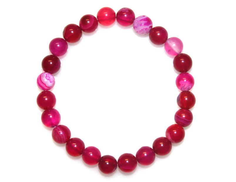 8mm Natural & Dyed Deep Pink Agate Beaded Stretchy Bracelet