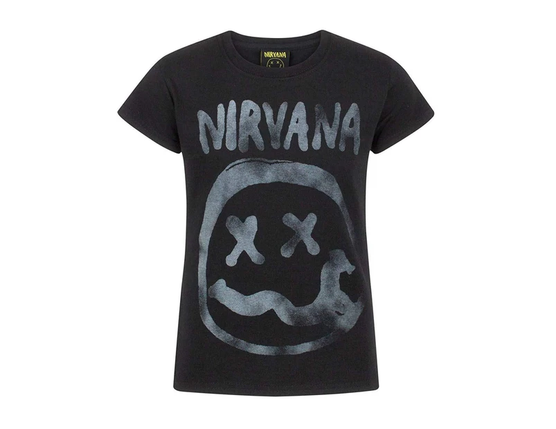 Nirvana Official Girls Smiley Logo T-Shirt (Black) - NS5017