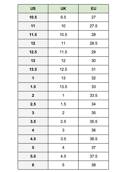Shoe Size Chart Skechers