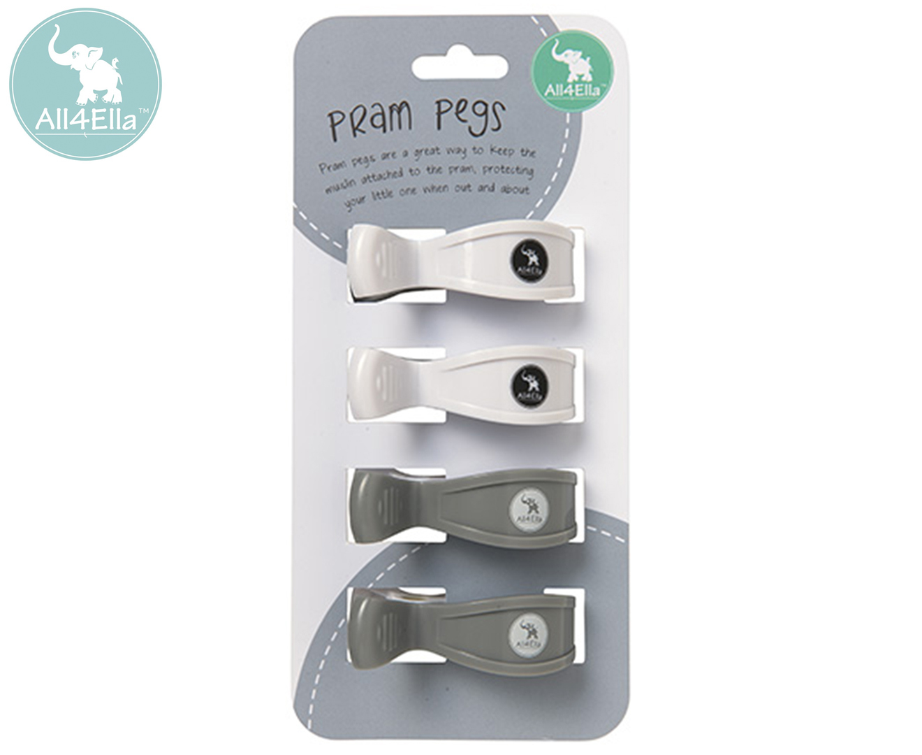 All4Ella Pram Pegs 4-Pack - White/Grey Two Tone | Catch.co.nz