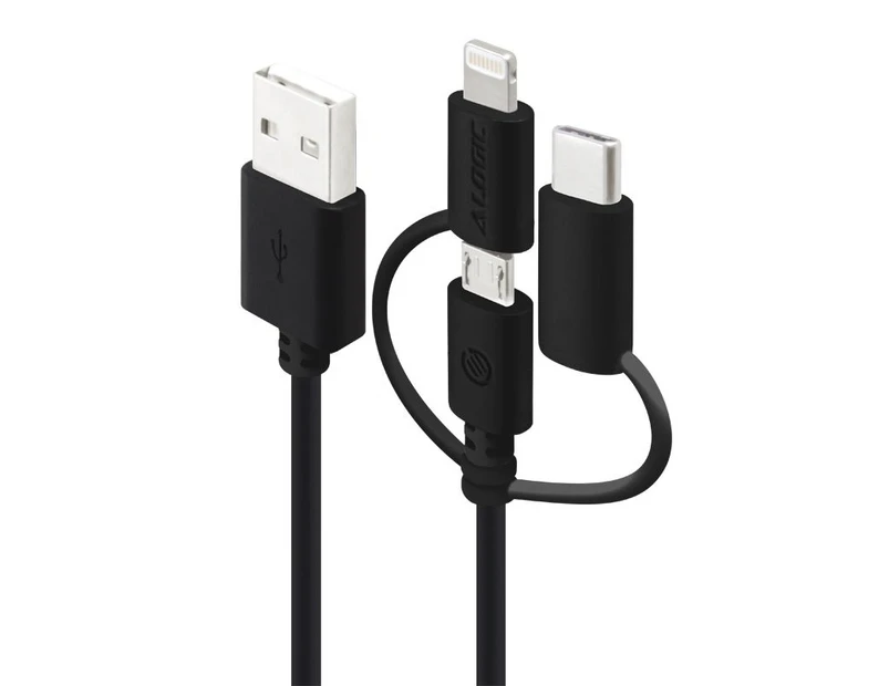 Alogic 1m 3-in-1 Charge & Sync Cable Micro USB Lightning & USB-C Black Apple MFI Certified U28P3T1-01BLK