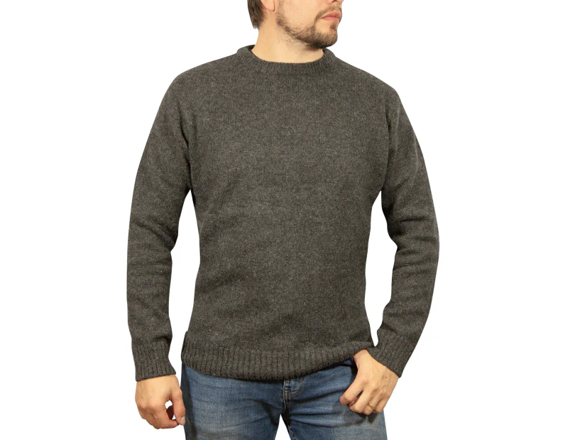 100% SHETLAND WOOL CREW Round Neck Knit JUMPER Pullover Mens Sweater Knitted - Charcoal (29)