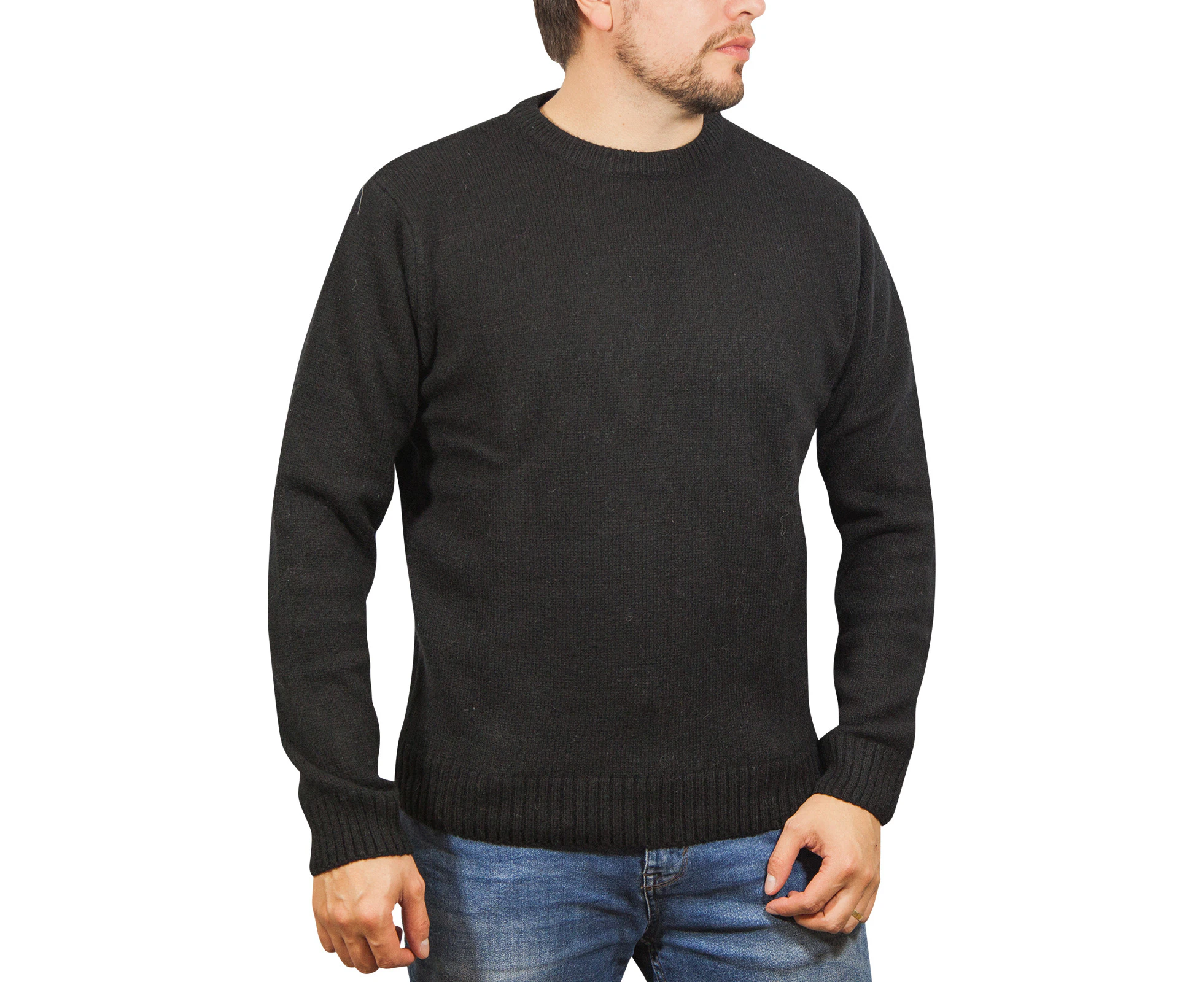 100% SHETLAND WOOL CREW Round Neck Knit JUMPER Pullover Mens Sweater Knitted - Plain Black