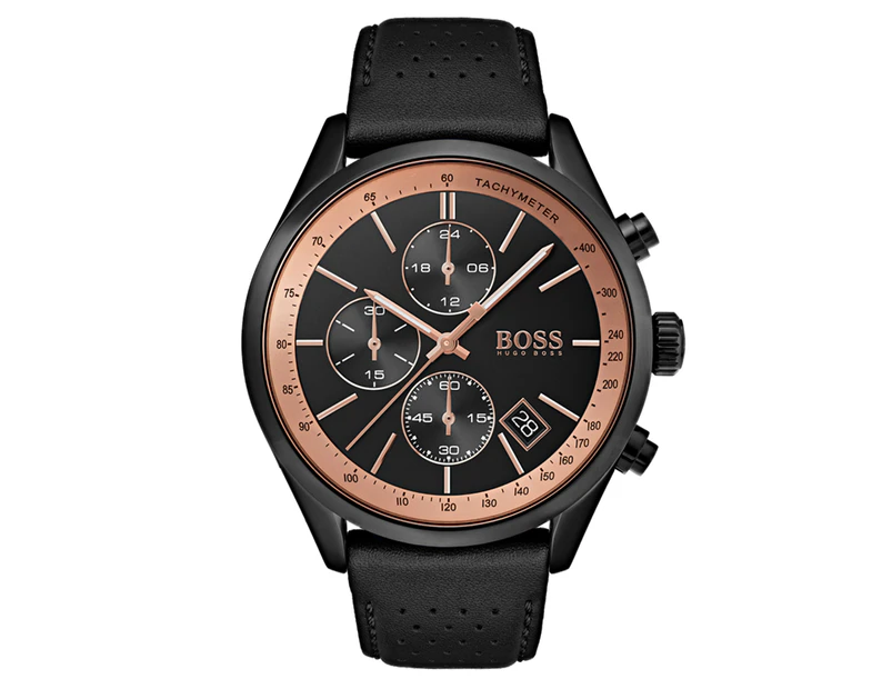 Hugo Boss Men's 43mm Grand Prix Leather Watch - Black/Black