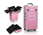 Pink 4-Level Portable Beauty Make Up Trolley Case - Lockable Cosmetic Organiser - Ideal for Travel with pull-out wheeler handle and sliding trays