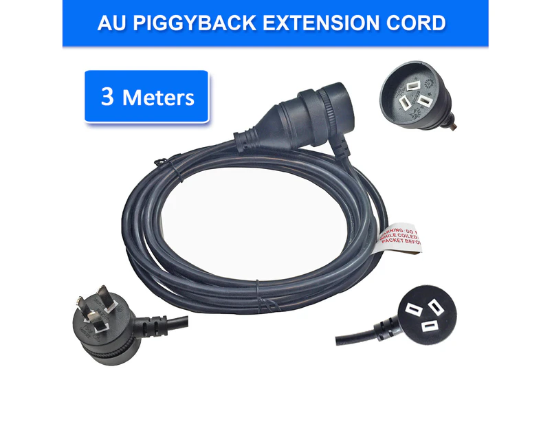 3m Piggyback Extension Cord 240V Power Lead Cable AU 3-Pin Black