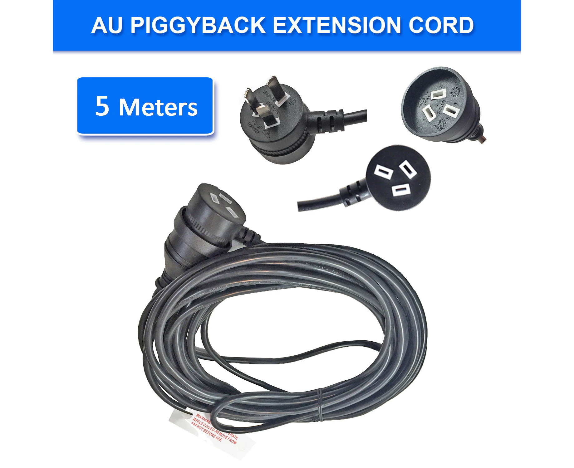 5m Piggyback Extension Cord 240V Power Lead Cable AU 3-Pin Black