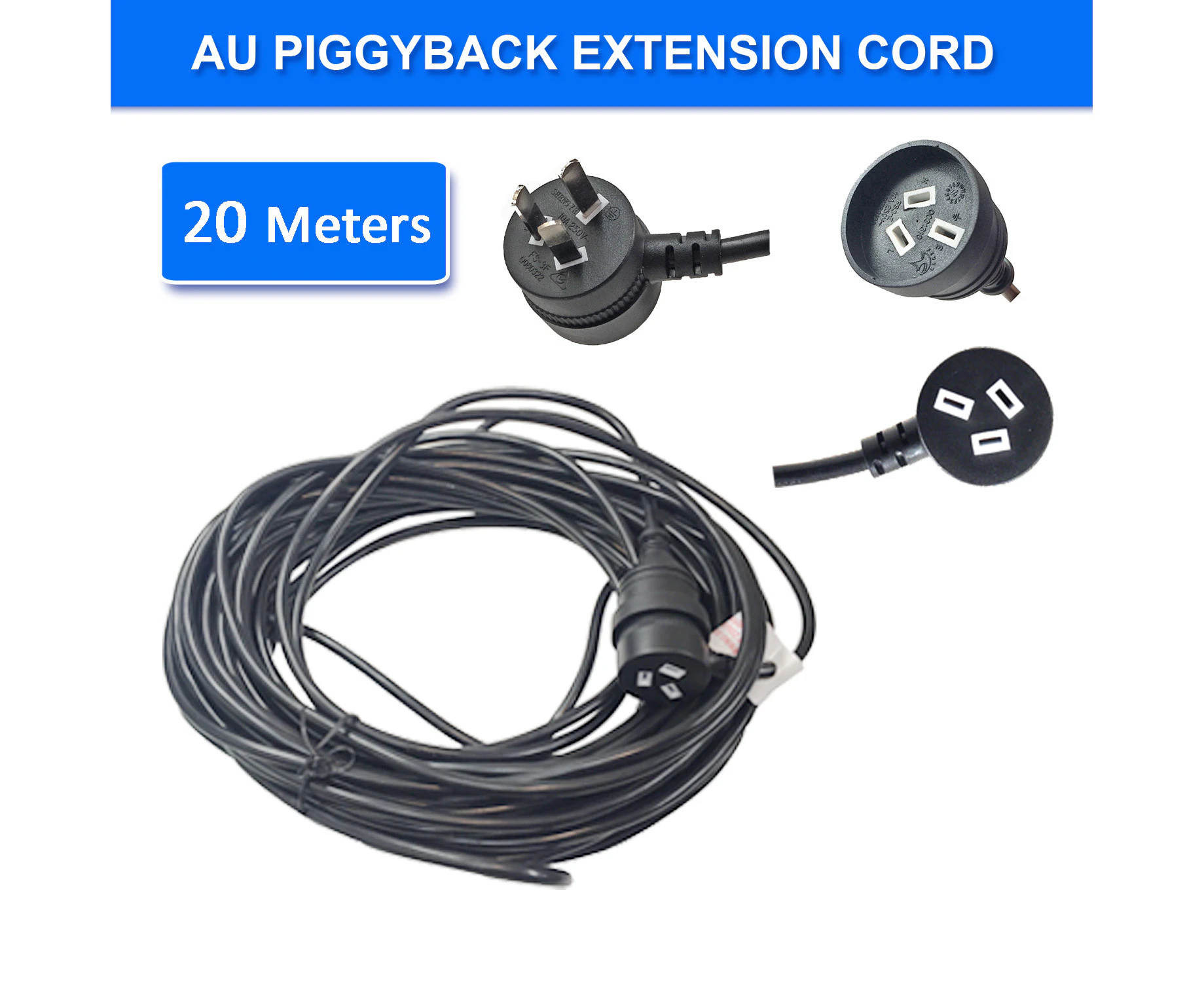 20m Piggyback Extension Cord 240V Power Lead Cable AU 3-Pin Black