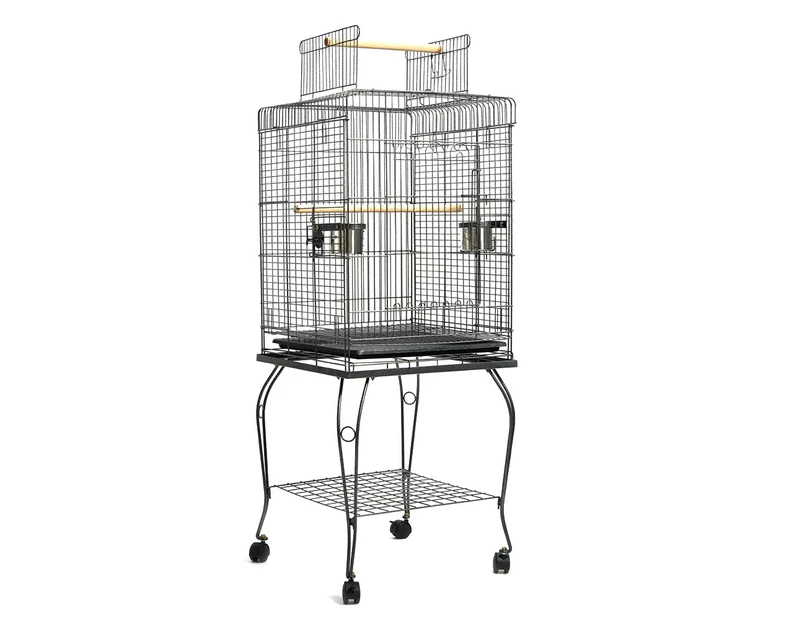 Large Bird Cage Pet Parrot House Carrier Birdcage Feeder 2 Wooden Perch Open Top Roof Casters Wheel Bottom Storage Shelf