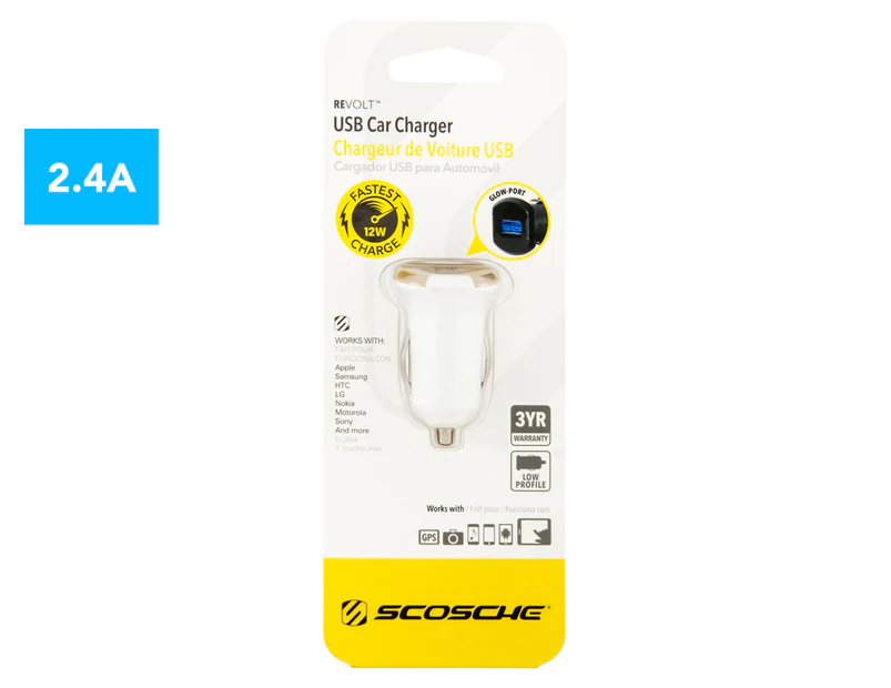 Scosche reVOLT 12W USB Car Charger - White/Gold