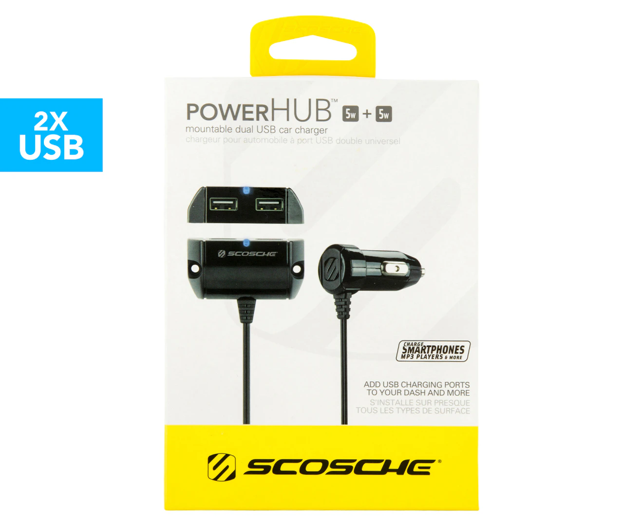 Scosche PowerHub 10W Mountable Dual Port USB Cigaret Car Charger for Smartphones