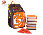 6 Pack Fitness Prodigy Pursuit 500 Gym Meal Prep Backpack + Containers - Orange/Yellow