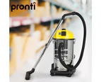 Pronti 30L 1200W Stainless Steel Wet Dry Vacuum Cleaner - Yellow