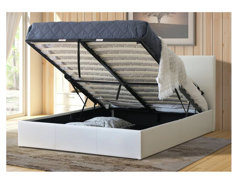 Istyle Prada Queen Gas Lift Ottoman Storage Bed Frame Pu Leather White